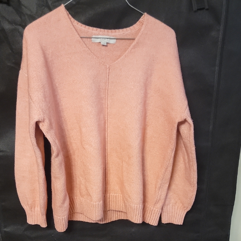 LOFT Pink V-Neck Sweater with Ribbed Cuffs